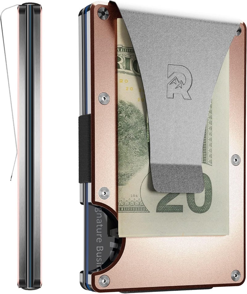 The Ridge محفظة للرجال - محفظة مدمجة نحيفة وعصرية وحامل بطاقات، محفظة جيب أمامية محمية من RFID مع مشبك نقود مدمج (ذهبي وردي) - Image 1